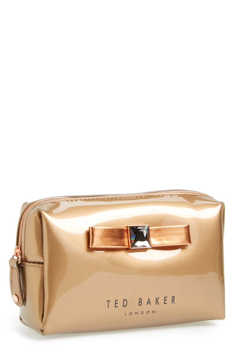 'Metallic Bow' Cosmetics Case, Main, color, ROSE GOLD