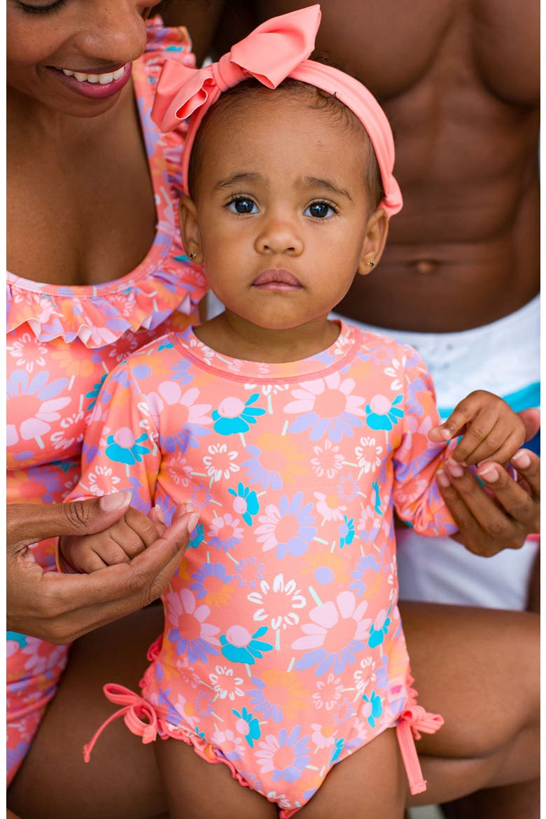 Coral Floral One-Piece Rashguard Swimsuit, Alternate, color, ORANGE