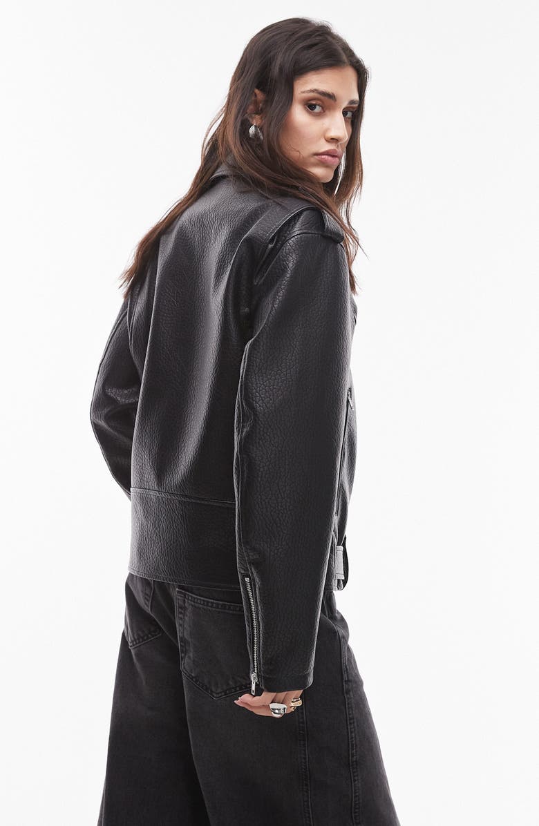 Topshop Oversize Faux Leather Biker Jacket, Alternate, color, Black
