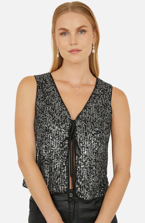 Sequin Tie Front Waistcoat Top
