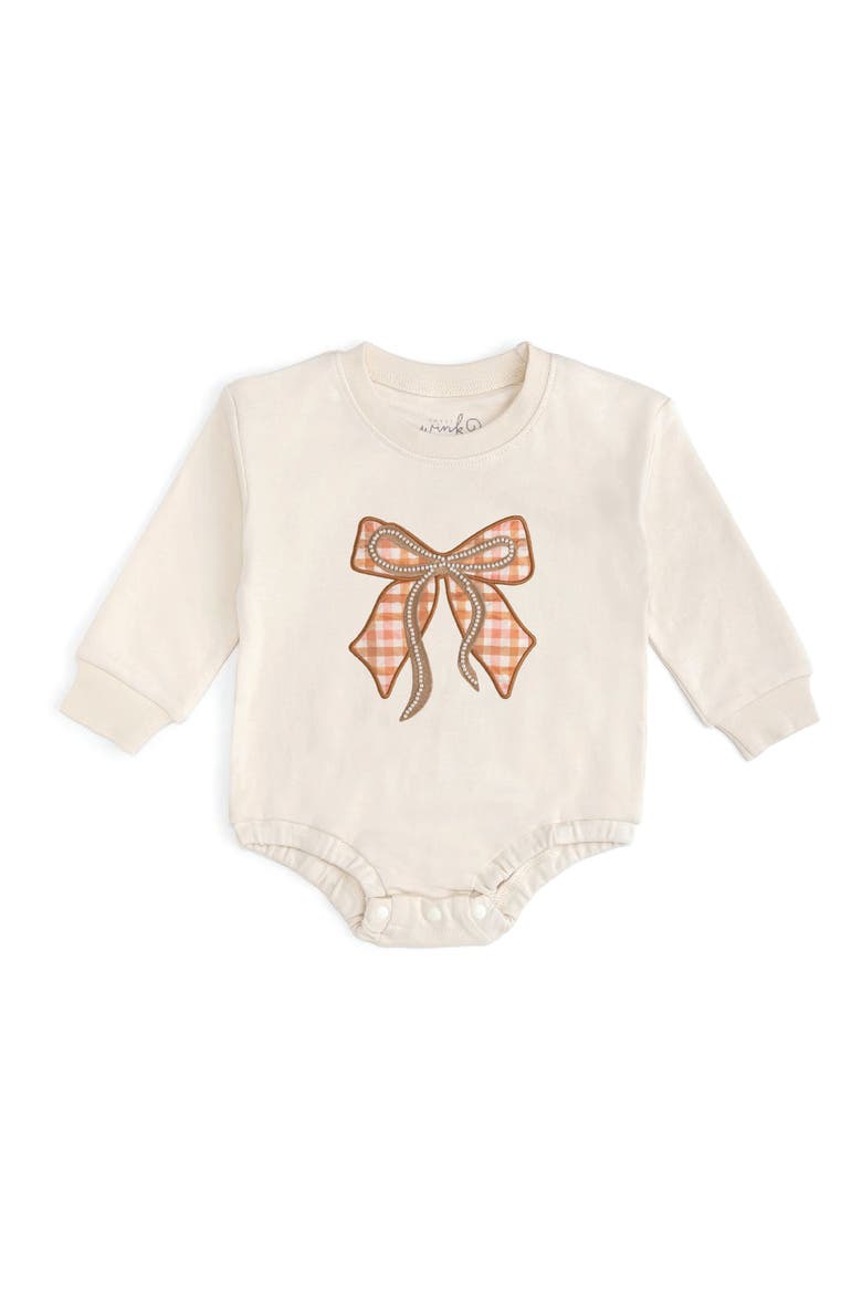 Cinnamon Plaid Bow Patch Long Sleeve Romper, Main, color, Natural