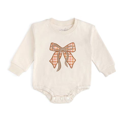 Cinnamon Plaid Bow Patch Long Sleeve Romper