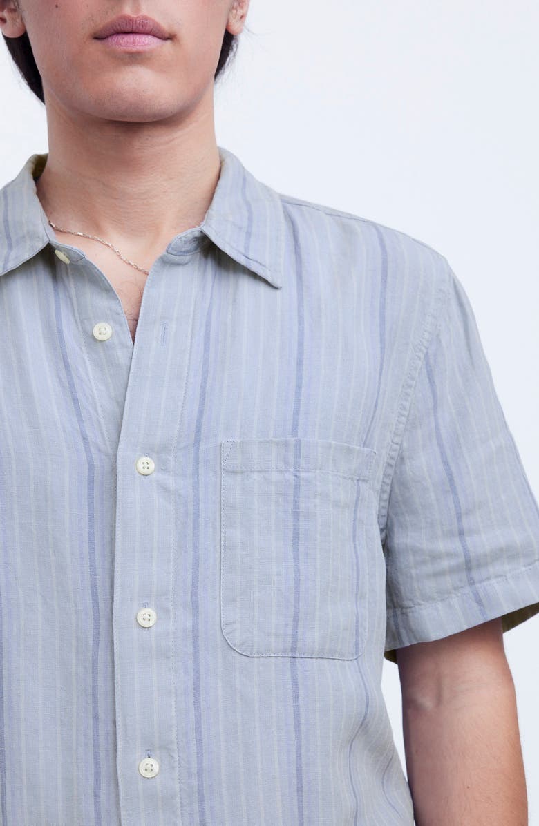 Madewell Easy Stripe Short Sleeve Linen Button-Up Shirt, Alternate, color, Dusty Pool