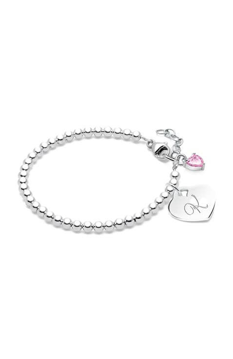 Sterling Silver 3mm Beads & Engraved Initial 5.25" Bracelet