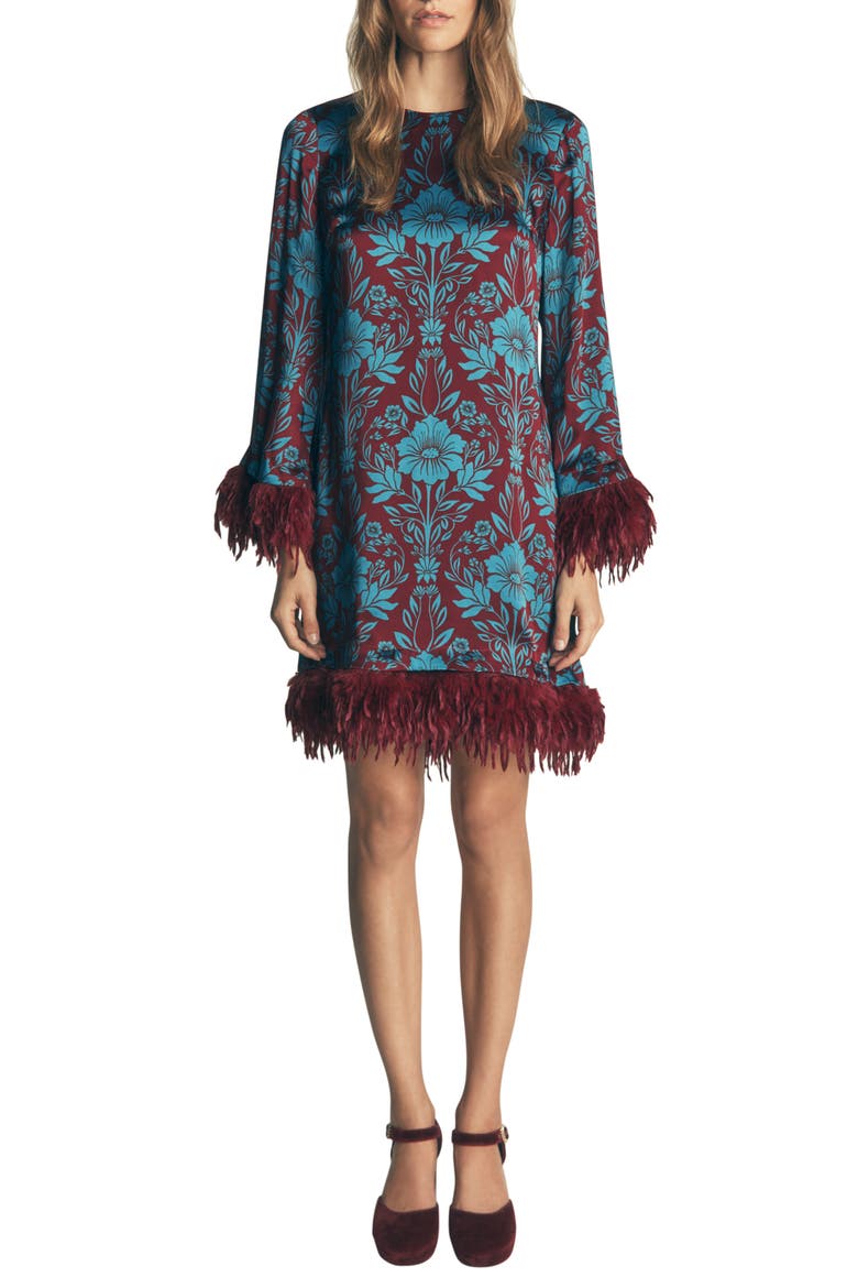 Faux Feather Trim Satin Minidress, Main, color, CRYSTAL TEAL FLOURISHING SPRIG