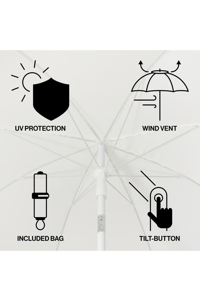 Horizon Coastal Scalloped Edge Beach Umbrella with Fringe, Push-Button Tilt, UV 50 Outdoor Canopy and Portable Carry Bag, Alternate, color, White - White Pole