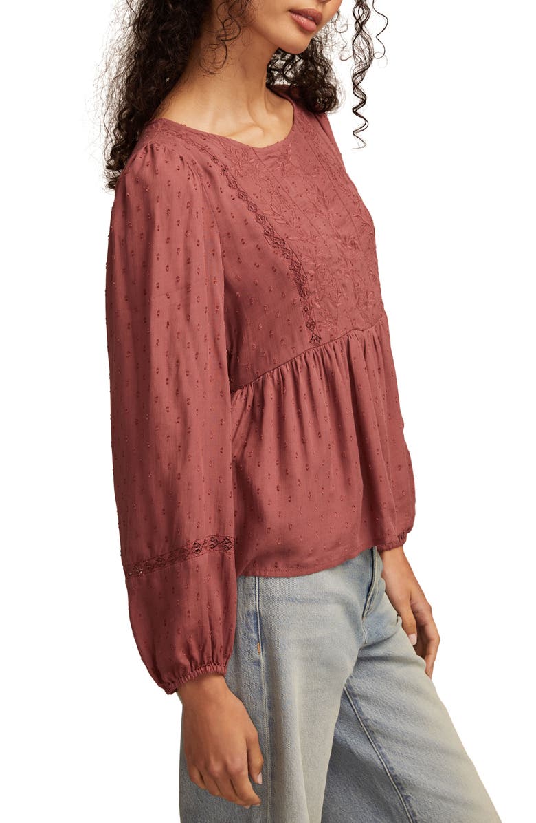Lucky Brand Embroidered Clip Dot Peplum Top, Alternate, color, Rose Brown