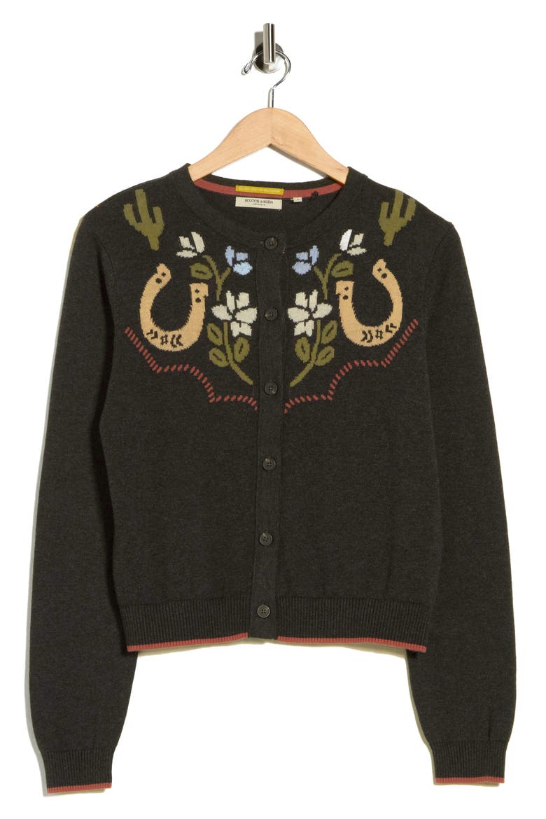 Floral Horseshoe Intarsia Crewneck Sweater, Alternate, color, CHARCOAL GREY HEATHER