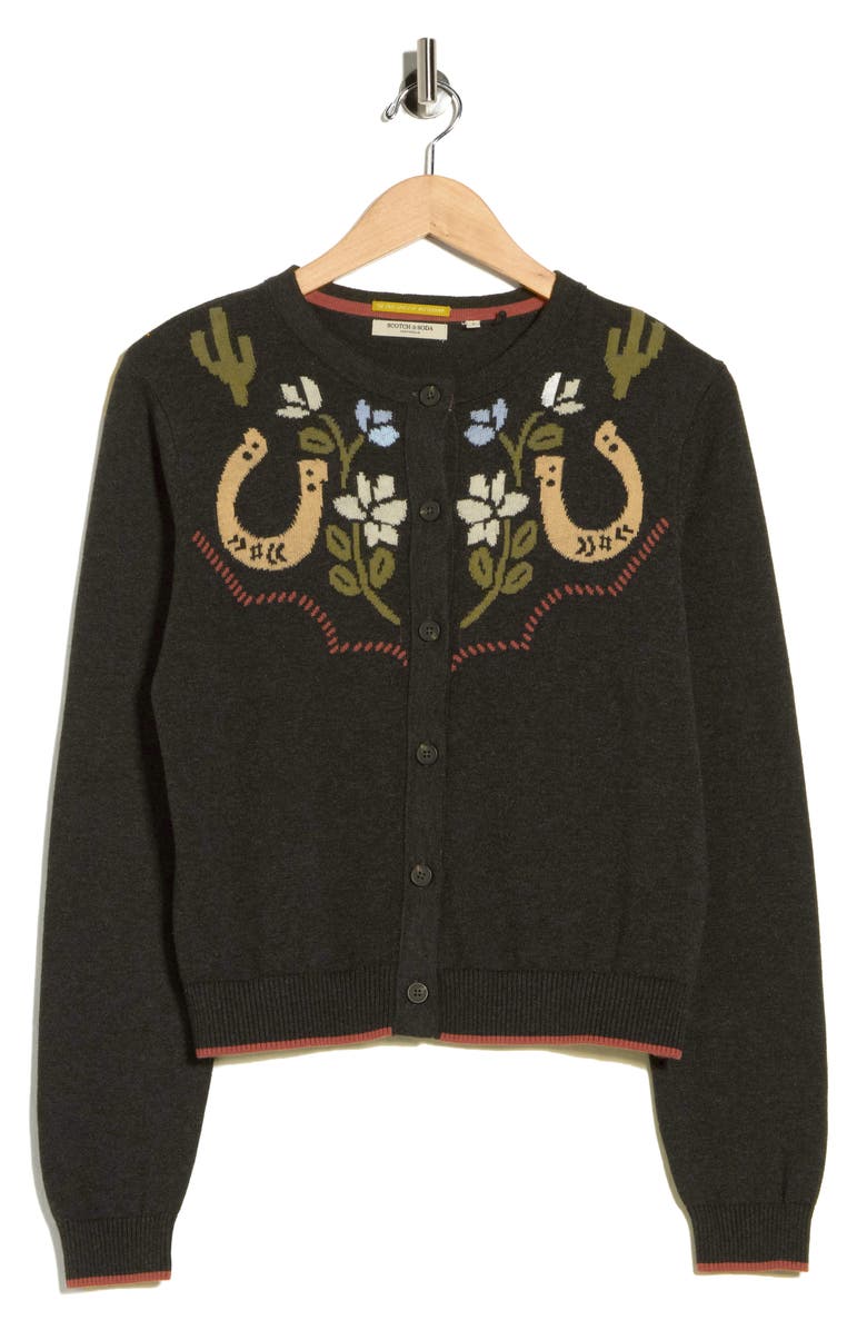 Scotch & Soda Floral Horseshoe Intarsia Crewneck Sweater, Alternate, color, Charcoal Grey Heather