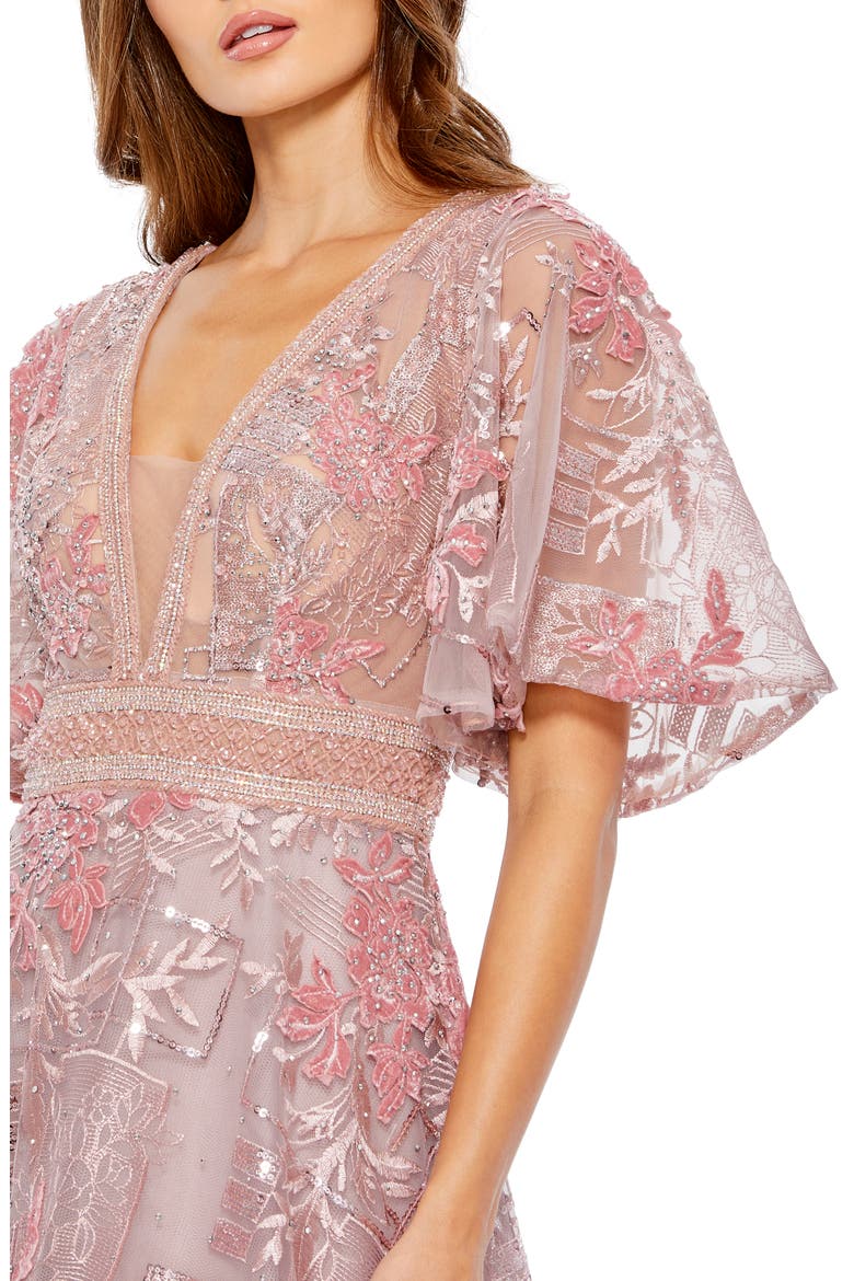 Embroidered Flounce Sleeve A-Line Gown, Alternate, color, PINK