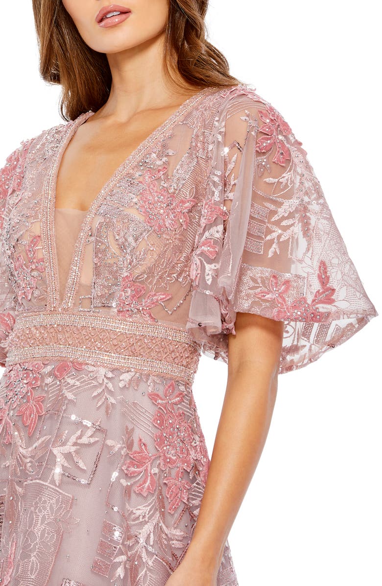 Mac Duggal Embellished Embroidered Flutter Sleeve A-Line Gown, Alternate, color,