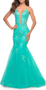 La Femme Tulle and Lace Mermaid Gown in Aqua