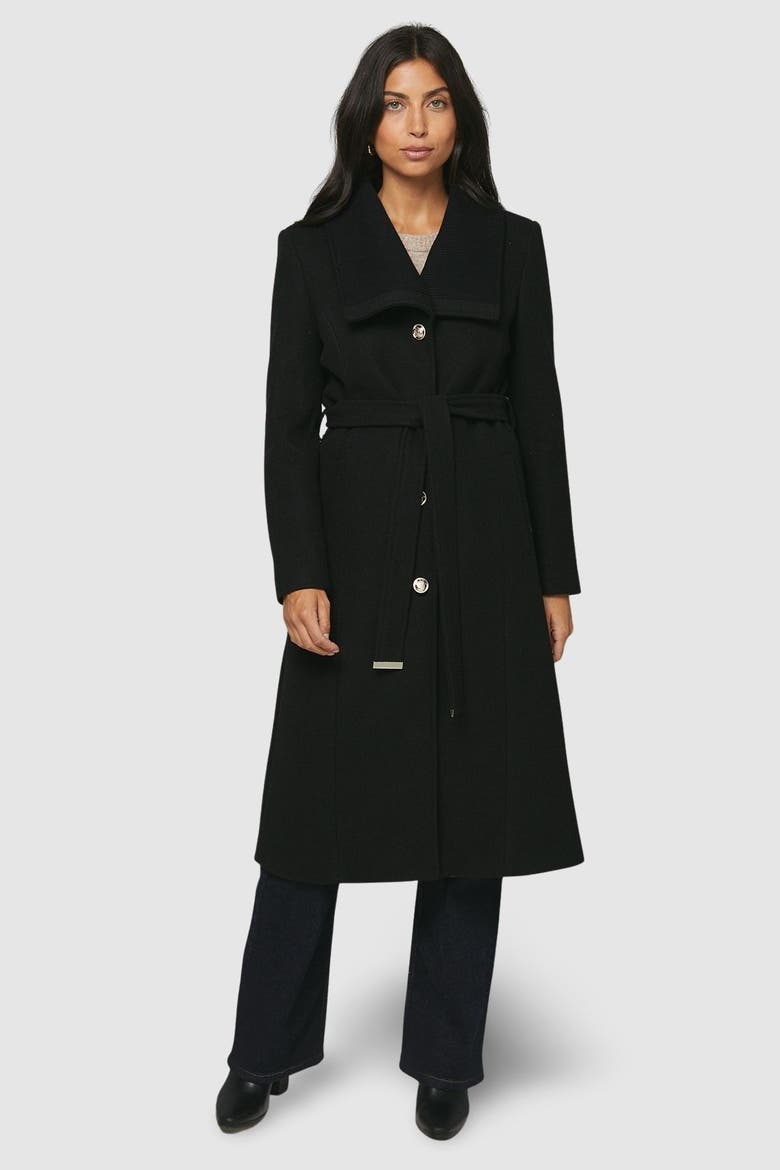Knitted Collar Button Through Wrap Coat, Main, color, Black