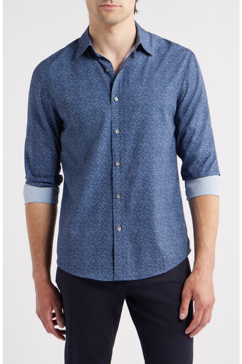 Trim Fit Mélange Performance Button-Up Shirt, Main, color, NAVY