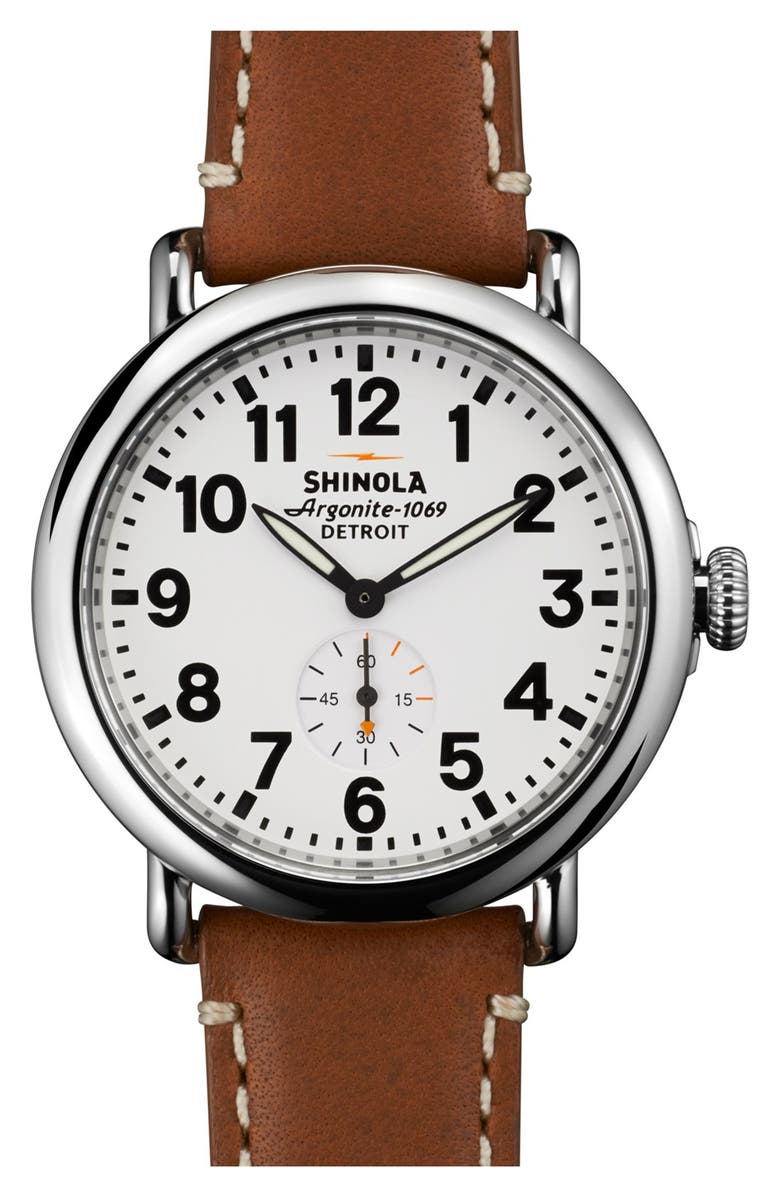 Shinola The Runwell Leather Strap Watch, 41mm, Main, color, Brown/ White