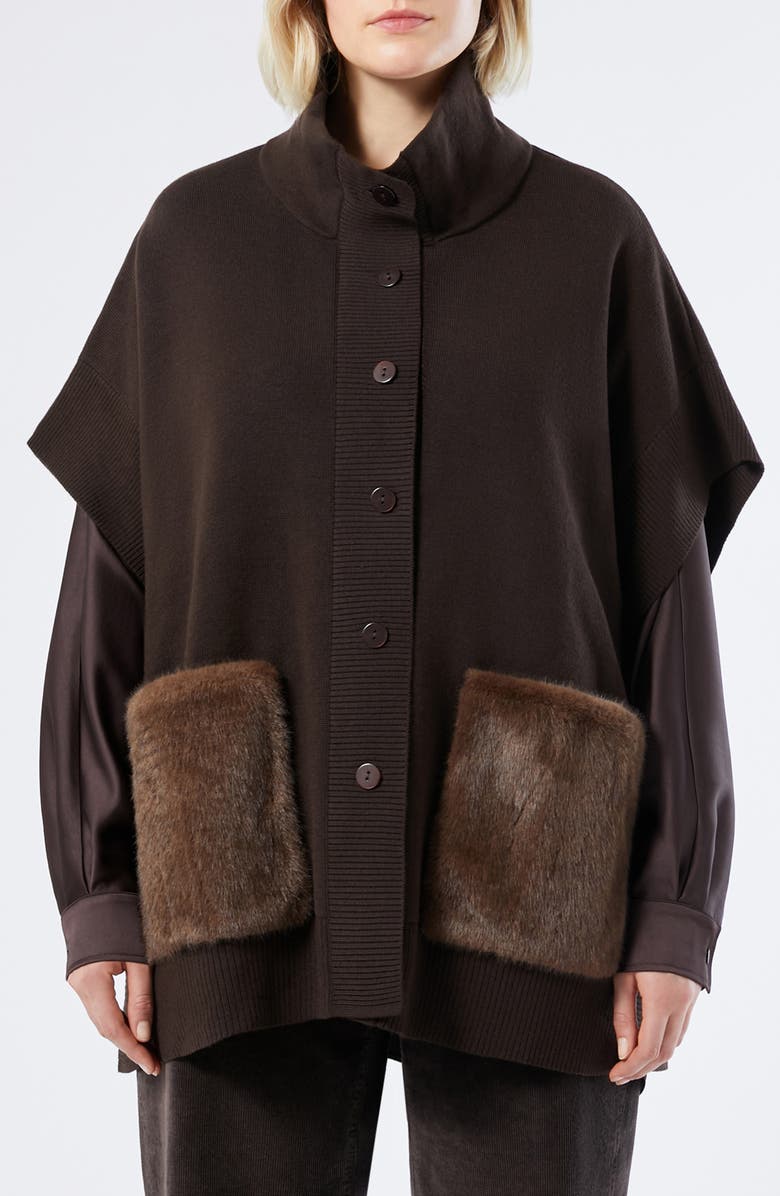 Marina Rinaldi Ottico Faux Fur Pocket Jersey Knit Poncho, Main, color, Chocolate