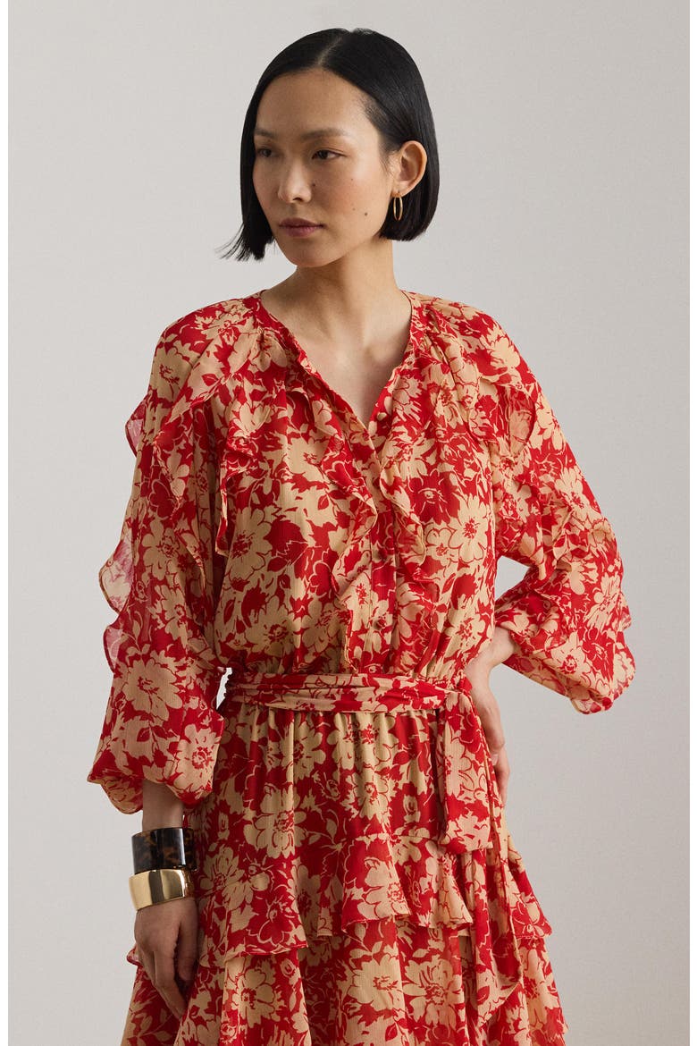 Print Ruffle Trim Georgette Tiered Dress, Alternate, color, RED/ BEIGE