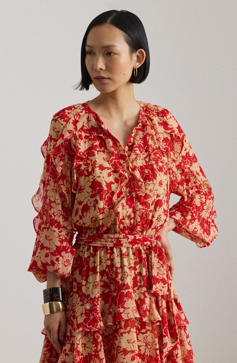 Lauren Ralph Lauren Print Ruffle Trim Georgette Tiered Dress, Alternate, color, Red/ Beige