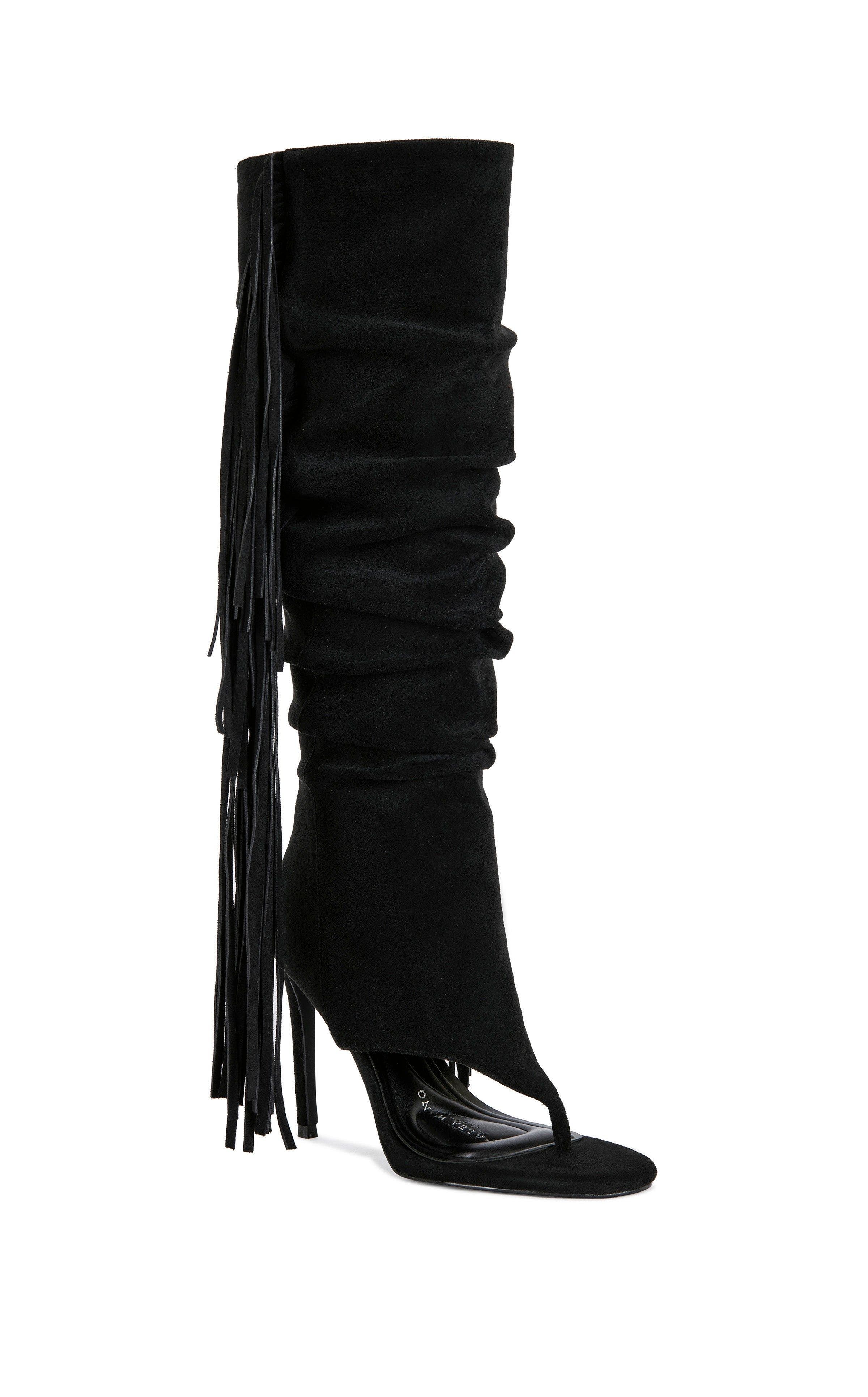 AZALEA WANG JOHANNA-BLACK FRINGE STILETTO SANDAL BOOT - BLACK / 8 / STILETTO, Alternate, color, Black