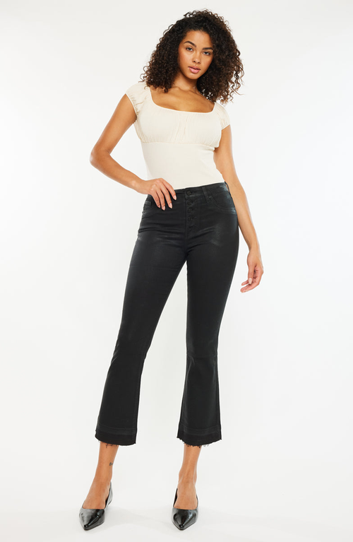 Kancan Rosé High Rise Faux Leather Kick Flare Pants In Black