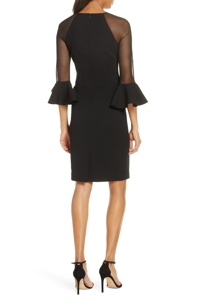 Illusion Long Sleeve Crepe Cocktail Dress, Alternate, color, BLACK