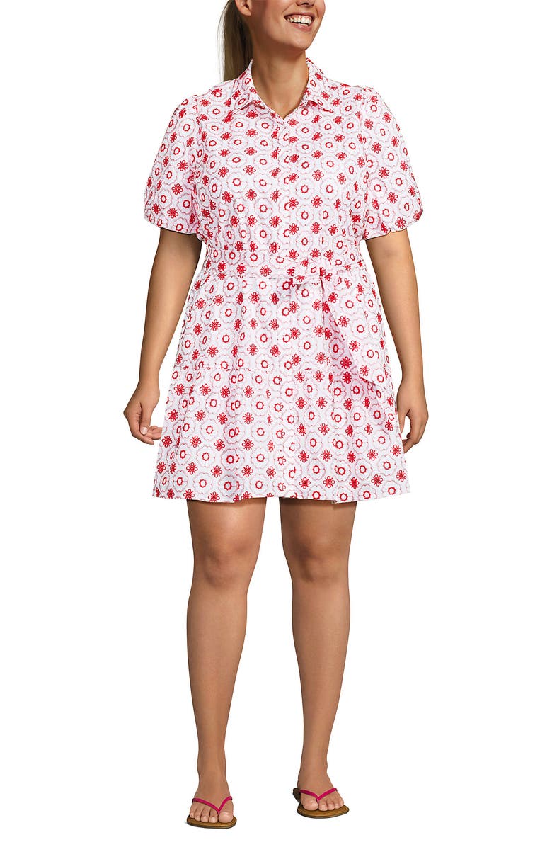 Lands' End Elbow Sleeve Eyelet Knee Length Shirt Dress, Alternate, color, White/Poppy Mosaic Eyelet