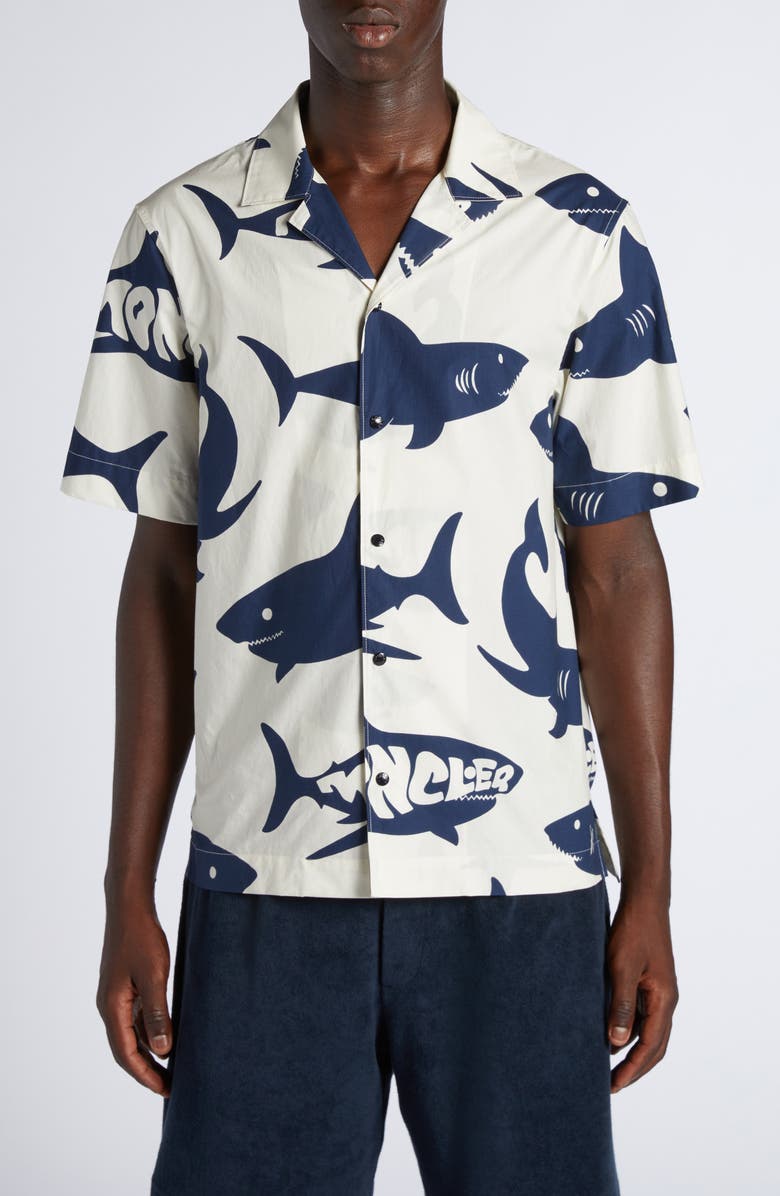 Moncler Shark Print Cotton Snap-Up Shirt, Main, color, 