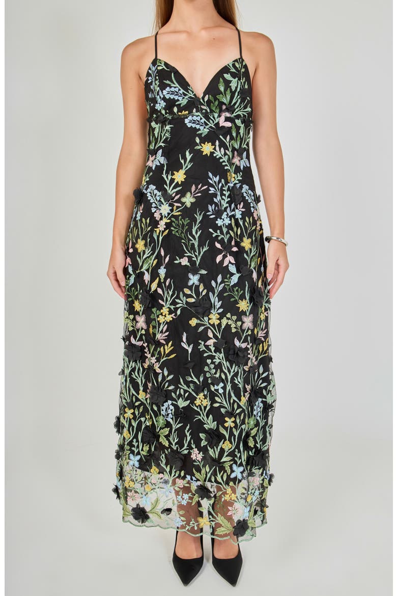 3D Floral Embroidered Maxi Dress, Alternate, color, BLACK MULTI