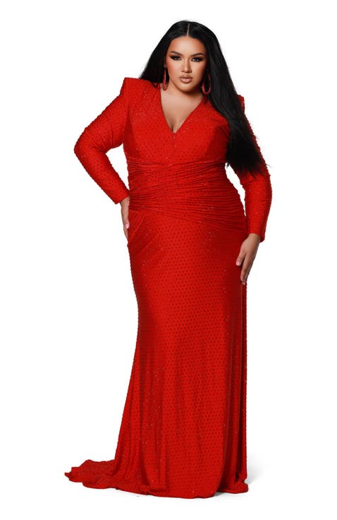 Ruched Long Sleeve V-Neck Plus Size Evening Gown