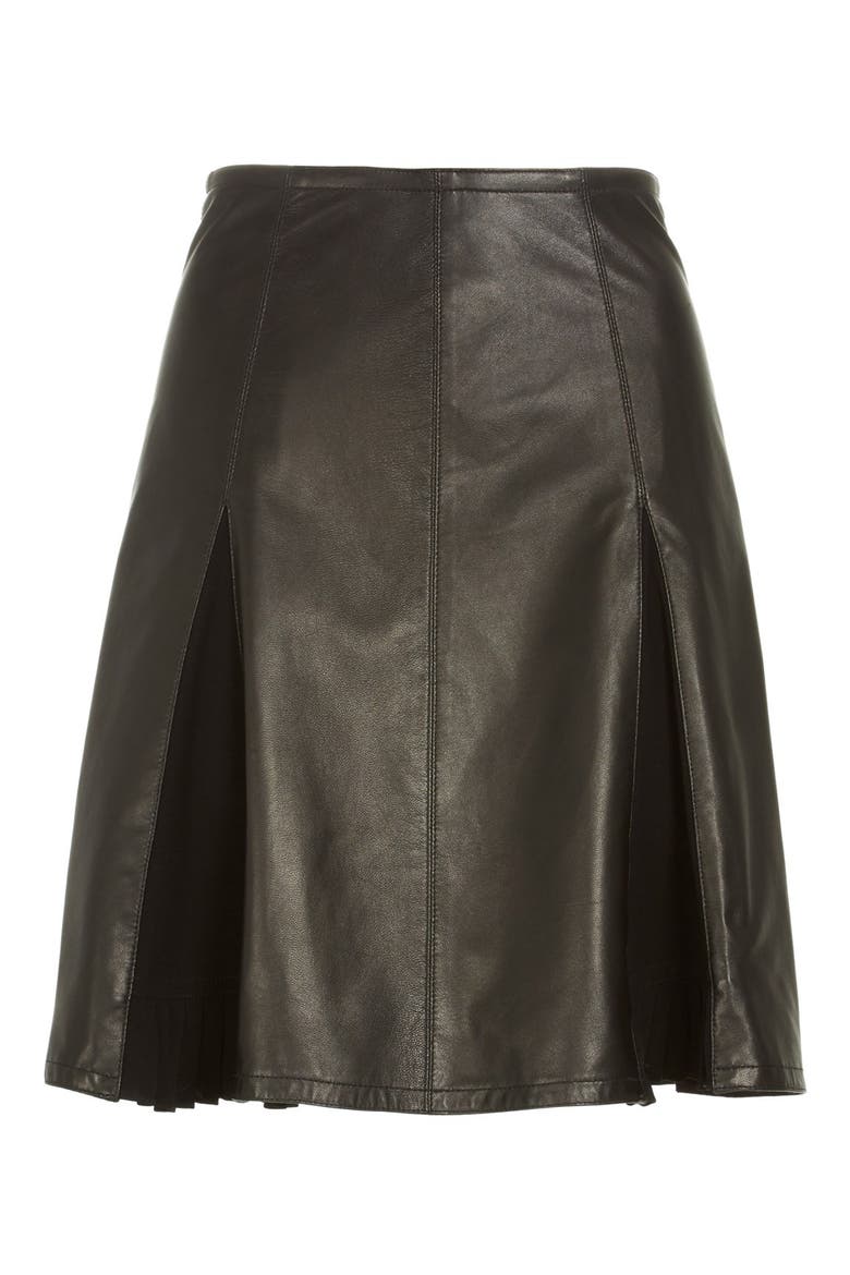 Pleated Leather Skirt, Alternate, color, BLACK