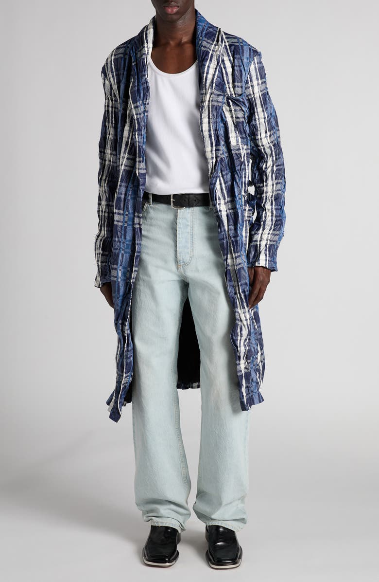 Bottega Veneta Belted Check Crushed Twill Coat, Alternate, color, Blue/ Navy/ Chalk