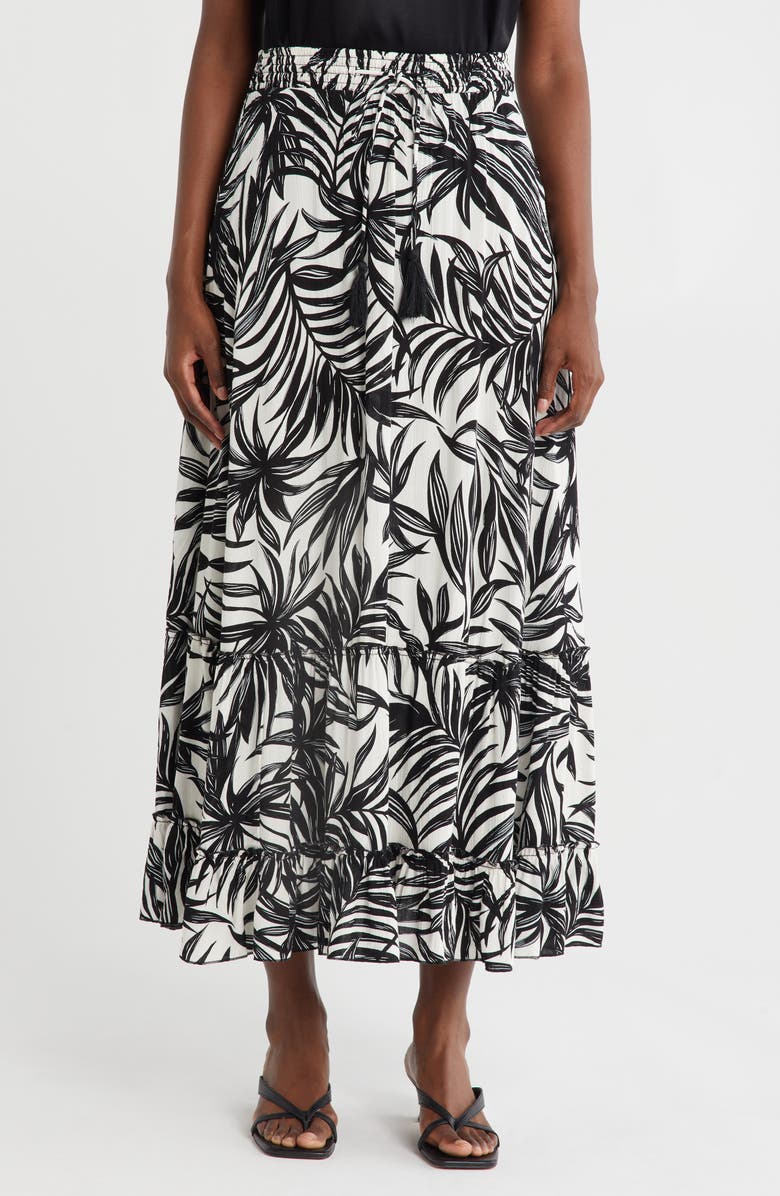T Tahari Print Skirt, Main, color, Black/ Ivory Palm Leaf Print