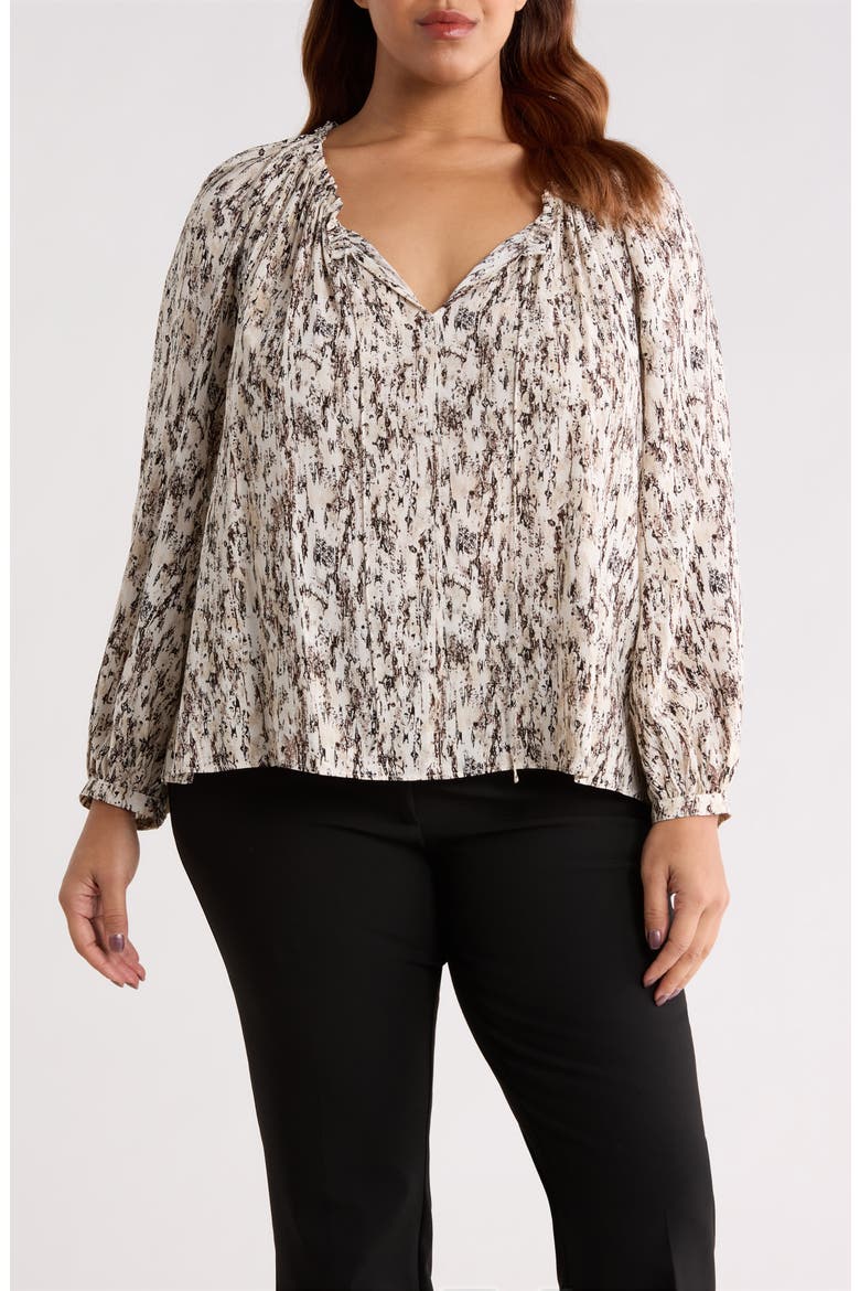 Gathered Tie Neck Top, Main, color, IVORY- BROWN TEXTURAL