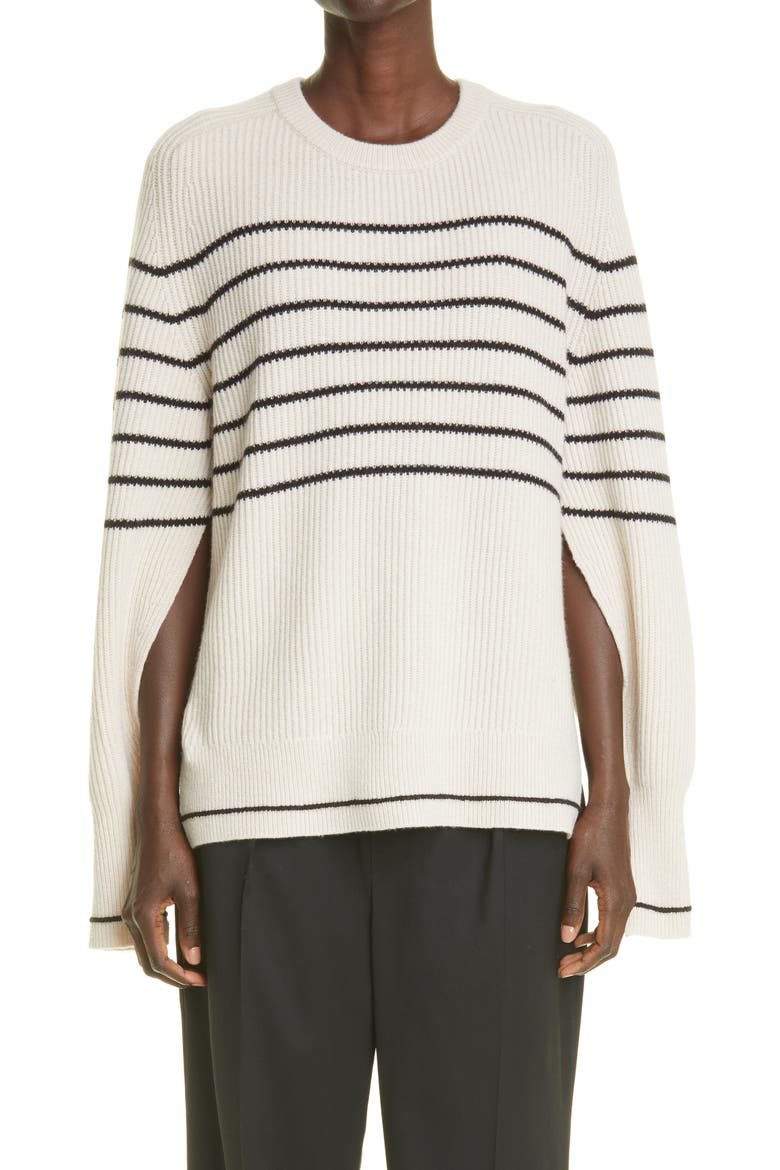 Stripe Rib Recycled Cashmere Blend Sweater, Main, color, CREMA W/ BLACK STRIPE