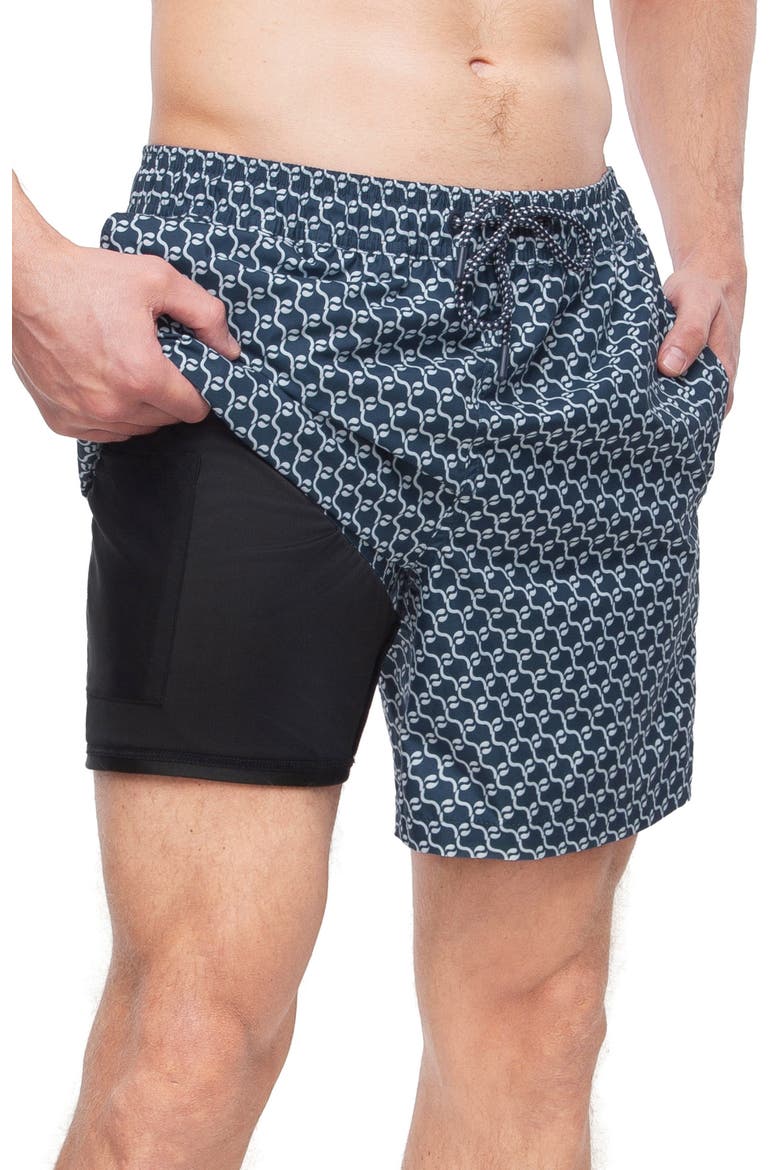 Men's 7" Compression Liner Swim Trunks with Back Zipper Pocket, UPF 50+, Main, color, Navy Print