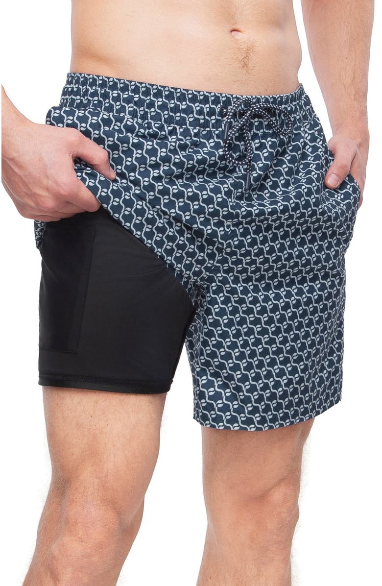 Rokka&Rolla Men's 7" Compression Liner Swim Trunks with Back Zipper Pocket, UPF 50+, Main, color, Navy Print