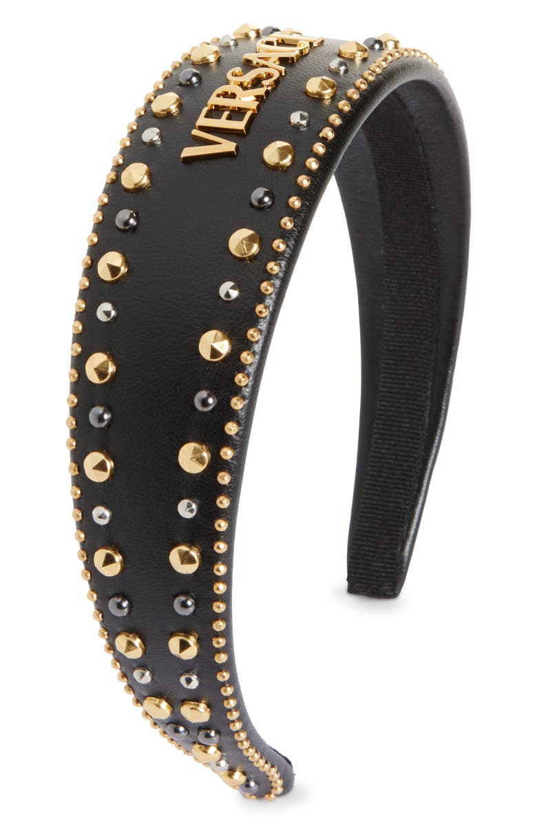 Versace Studded Leather Headband, Main, color, Black-Gold