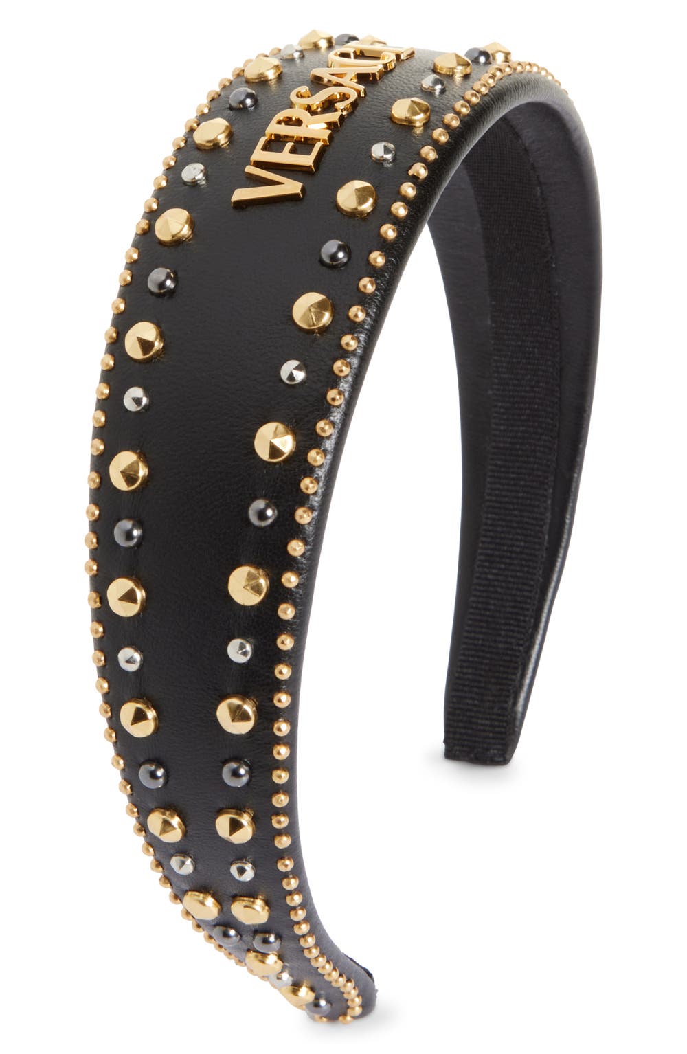 Studded Leather Headband, color, BLACK-GOLD