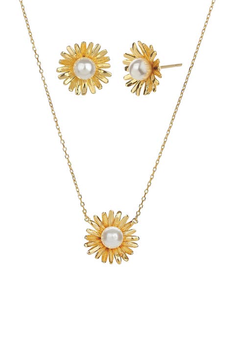 Sterling Silver 18k Gold Plated Flora Pearl Necklace & Earring Set Dainty