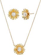 Bearfruit Jewelry Sterling Silver 18k Gold Plated Flora Pearl Necklace & Earring Set Dainty