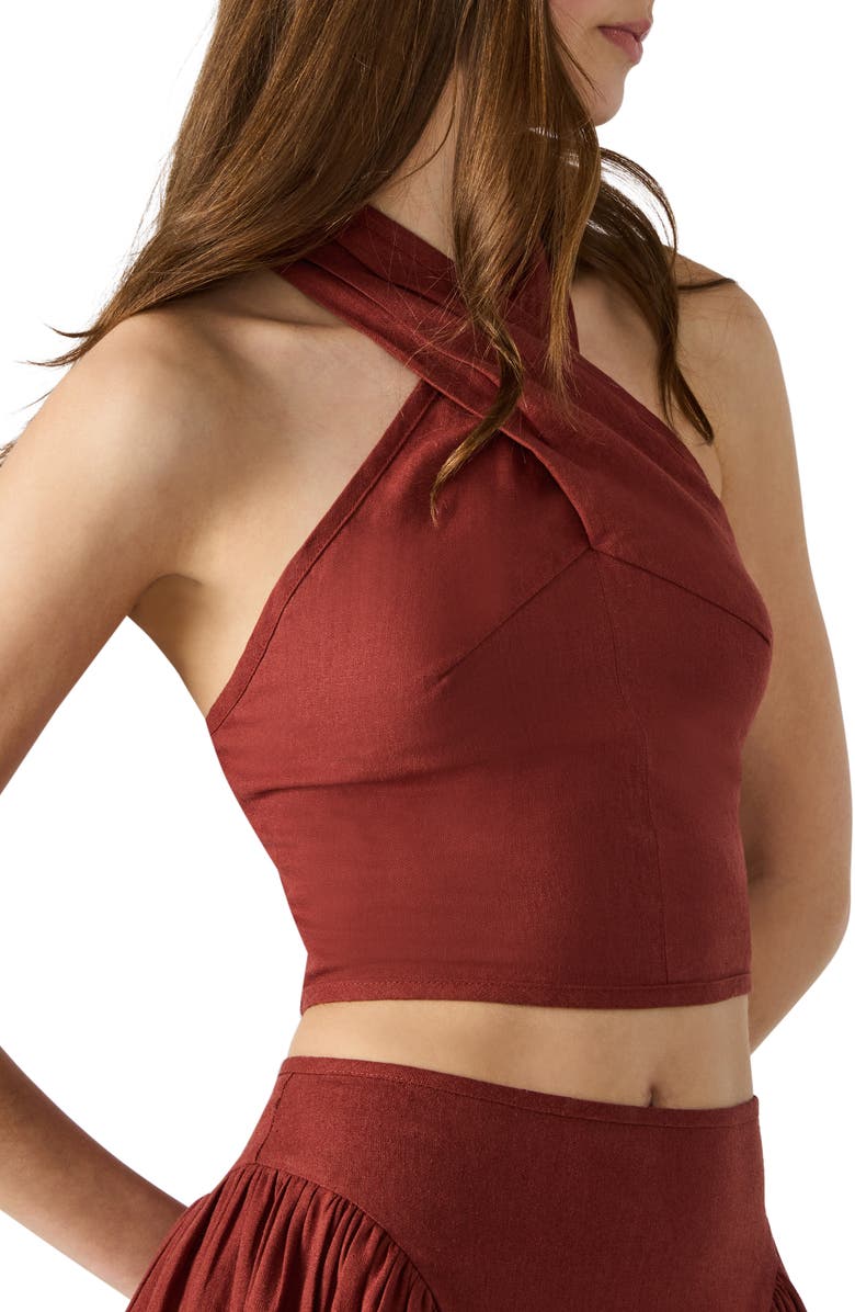 Steve Madden Winnie Twist Neck Crop Linen Blend Top, Alternate, color, Dusty Brick