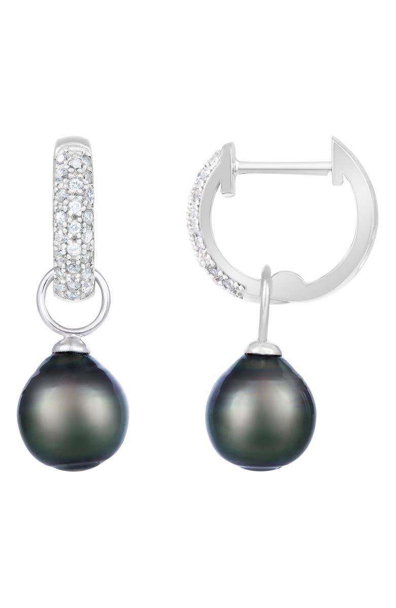 SPLENDID PEARLS Rhodium Plated Sterling Silver 10–11mm Black Tahitian Pearl Drop Pavé CZ Huggie Hoop Earrings, Main, color,