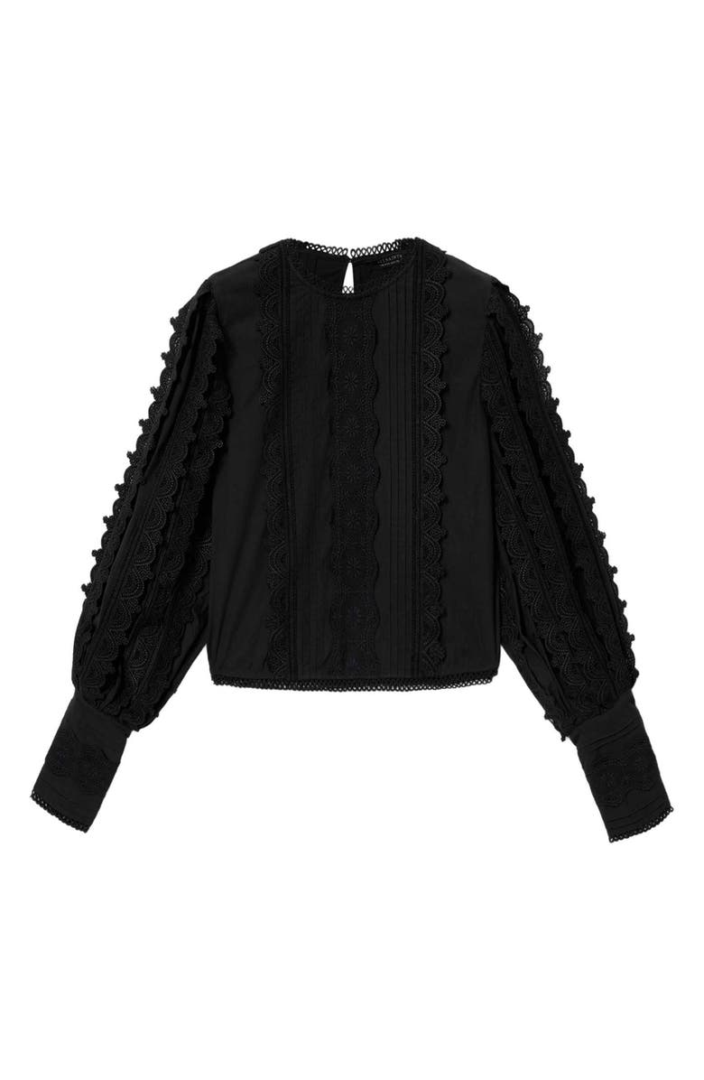 AllSaints Hart Lace Embroidered Bishop Sleeve Top, Alternate, color, Black