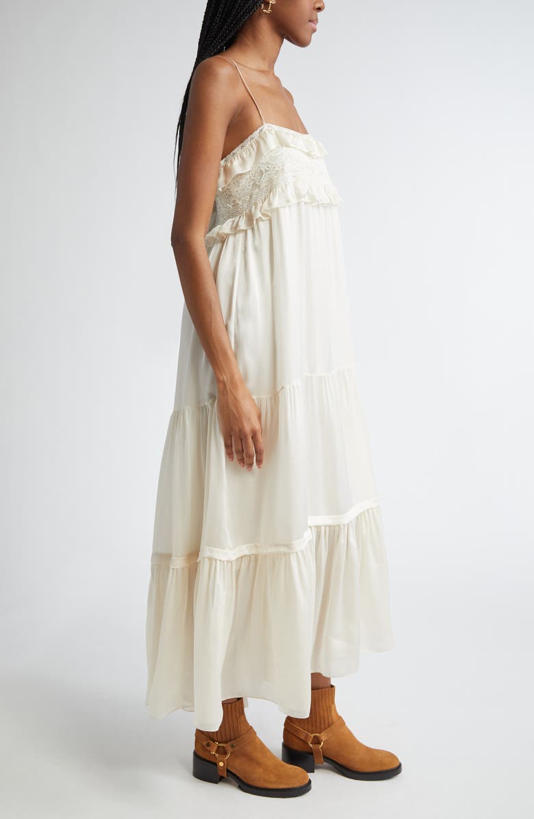 Chloé Lace Trim Silk Charmeuse Tiered Dre, Alternate, color, 