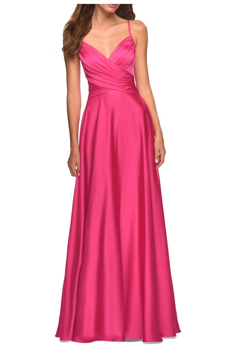 La Femme Satin Hot Pink Gown with Criss-Cross Ruched Top, Main, color, Hot Pink