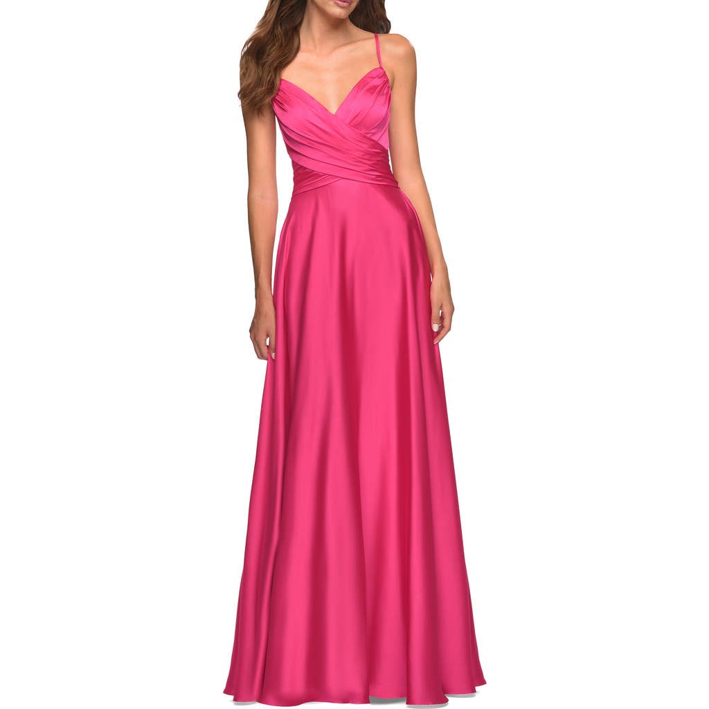 La Femme Satin Hot Pink Gown With Criss-cross Ruched Top In Hot Pink