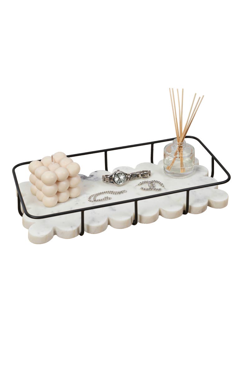 Monarch Modern Industrial Metal/Marble Scalloped Base Vanity Tray, Main, color, White Marble/Black