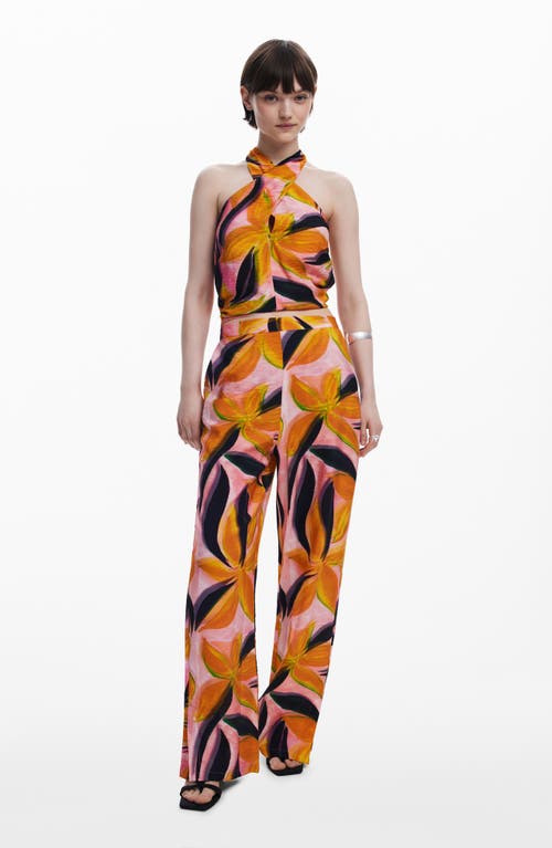 Desigual Floral Print Trousers In Pink