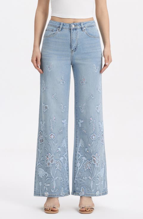 Embroidered High Waist Wide Leg Jeans (Azure Dream)