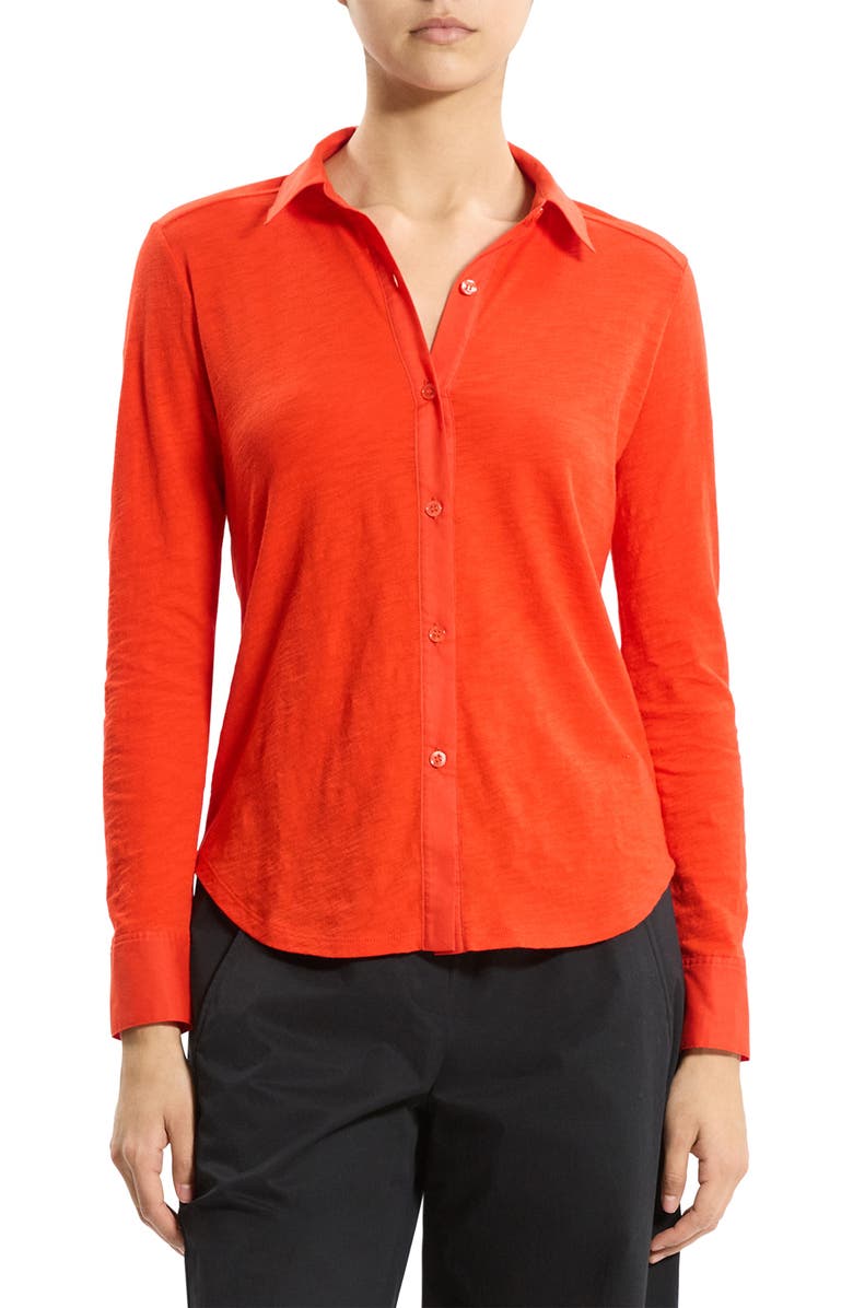Theory Riduro C.Nebulous Organic Cotton Slub Long Sleeve Button-Up Shirt, Main, color, Poppy